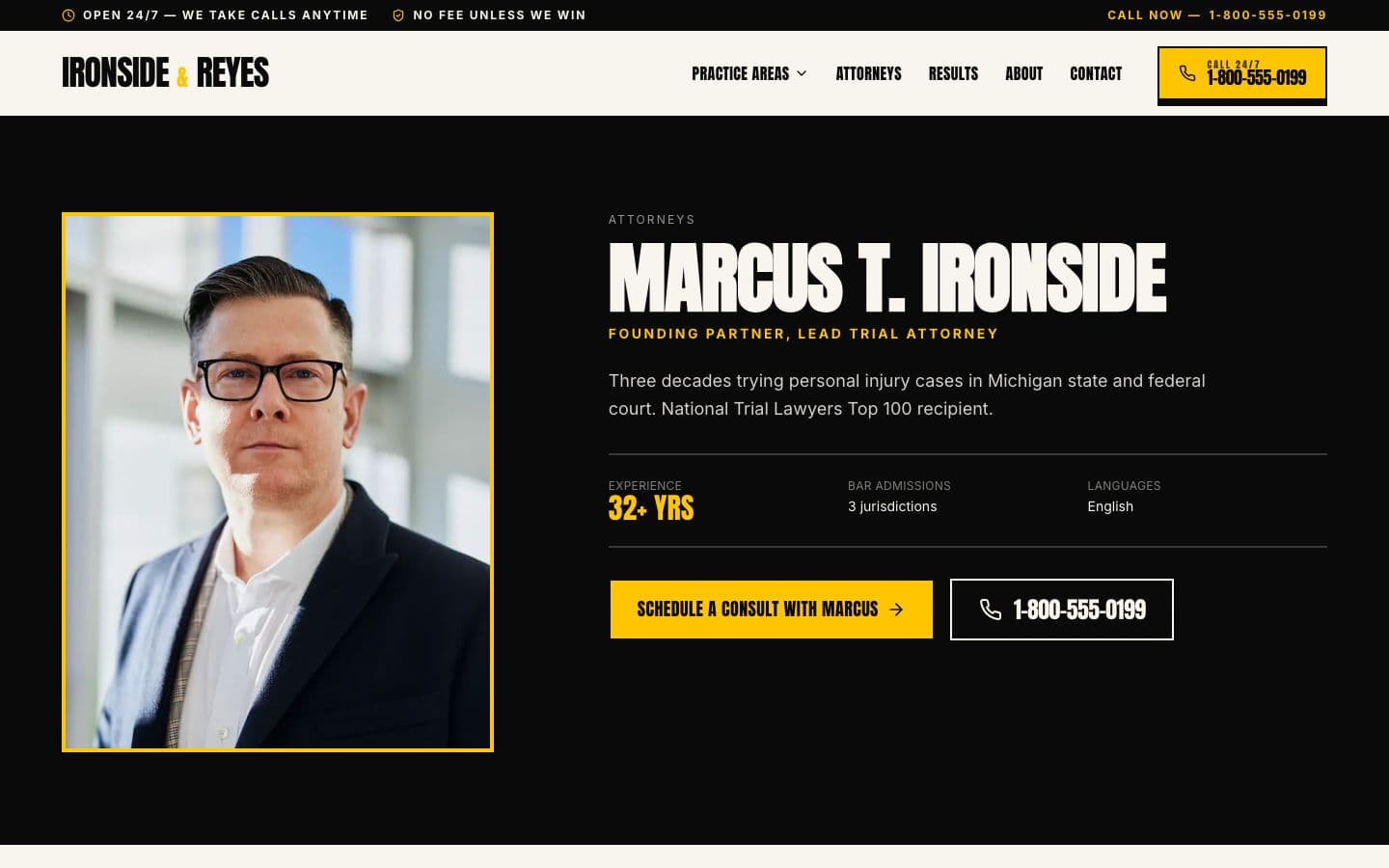 Attorney bio detail page with credentials, practice areas, and contact CTA