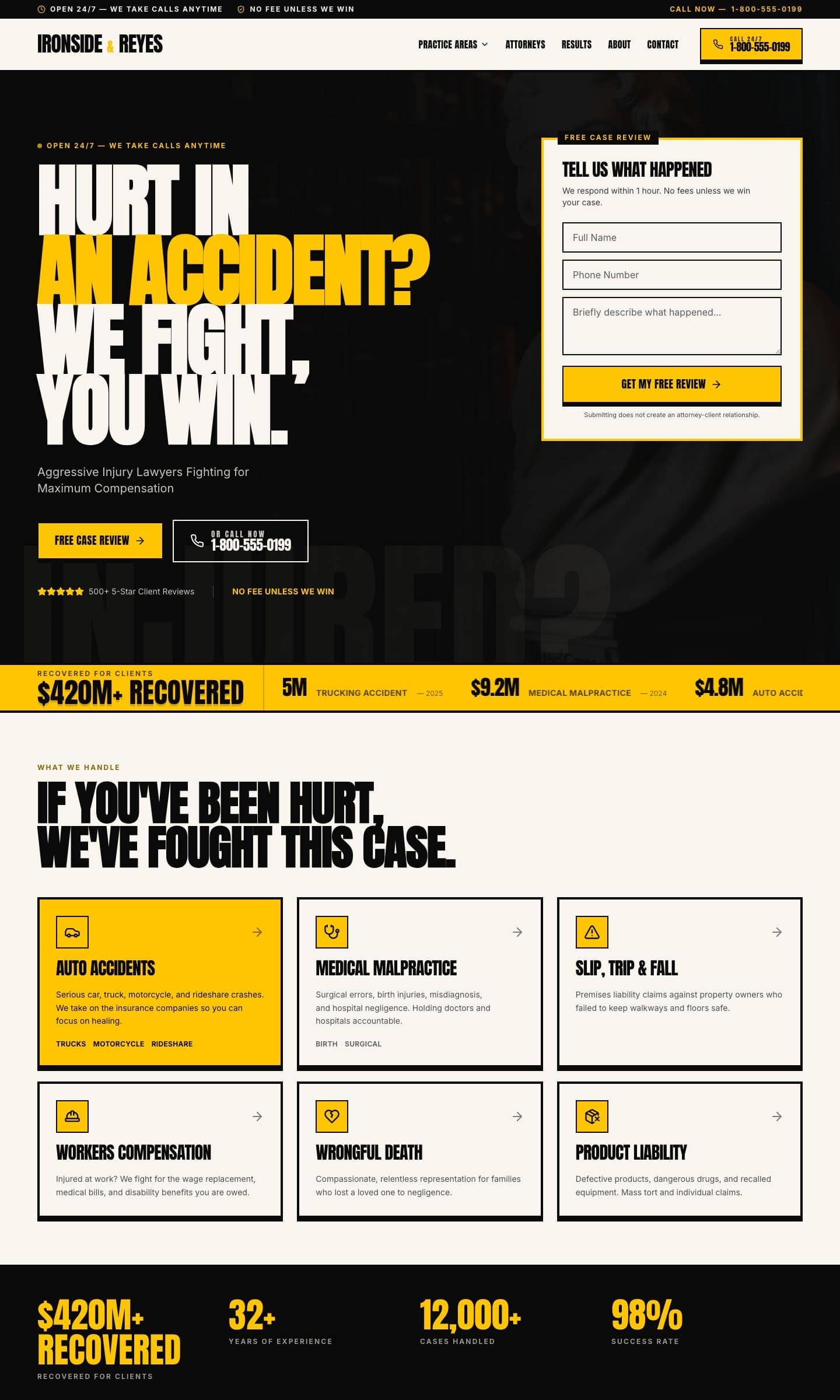 Demo: a personal injury law firm website with bold typography, settlement results ticker, and a free-case-review form