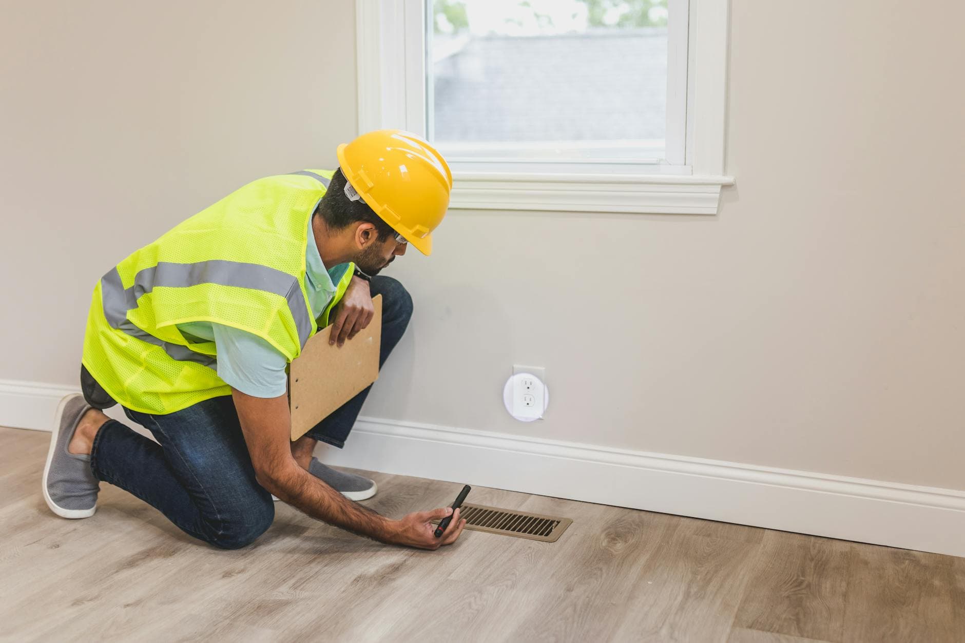 Professional HVAC contractor using smartphone for customer service and digital marketing while on service call