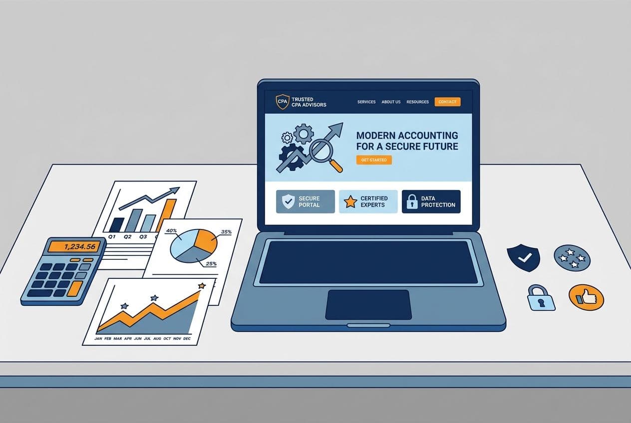 Flat vector illustration of a CPA website design workspace with laptop showing an accounting firm website mockup, financial charts, calculator, and trust badges