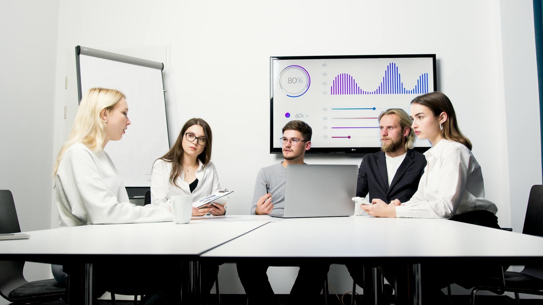Business professionals reviewing Google Ads dashboard and PPC performance metrics during agency consultation meeting