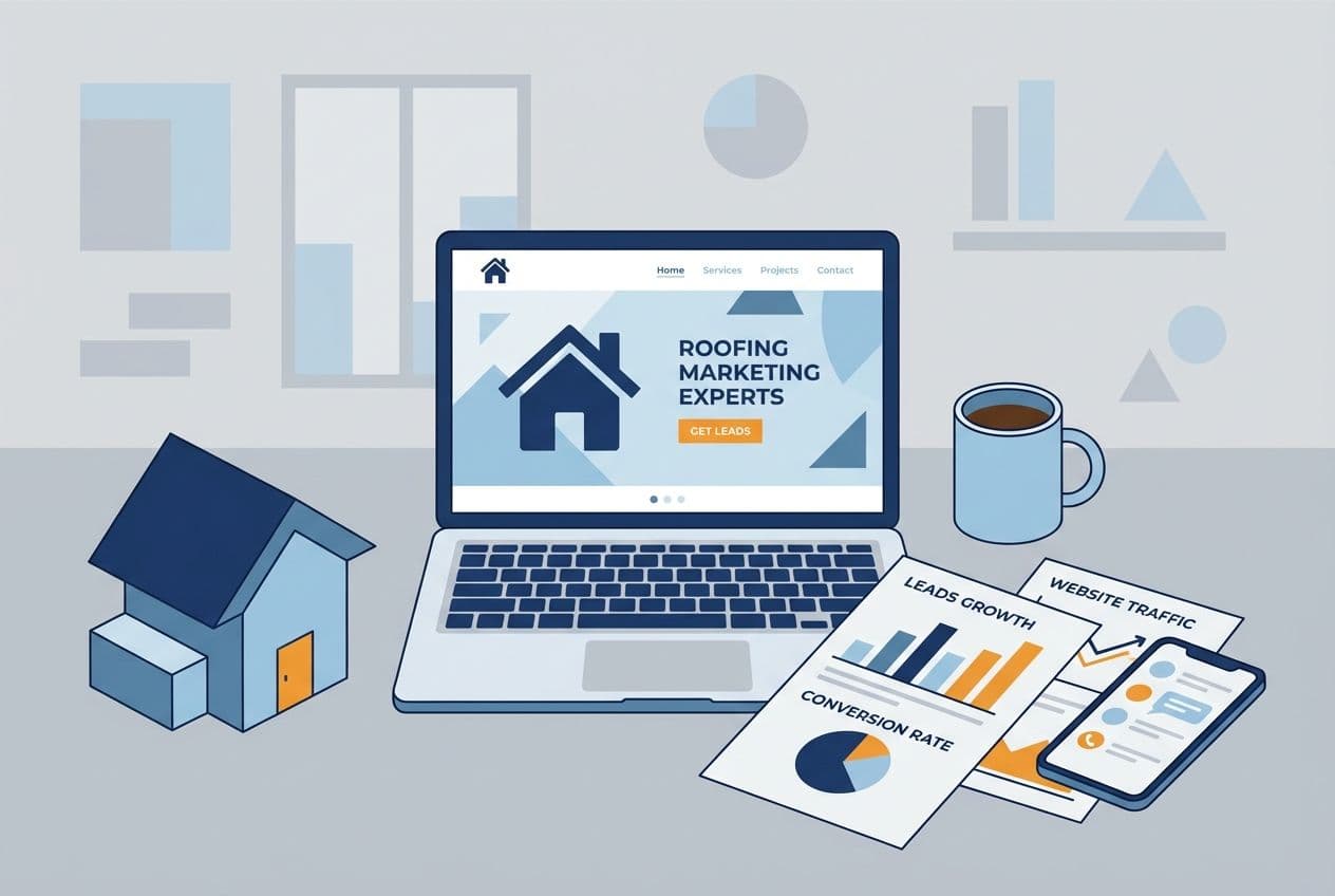 Flat vector illustration of a roofing company marketing workspace with laptop showing a roofing website, analytics charts, and lead generation tools